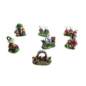 Vtg Easter Bunny Village Set Of 7 Hand-Painted Resin Figurines Garden Scene Bike